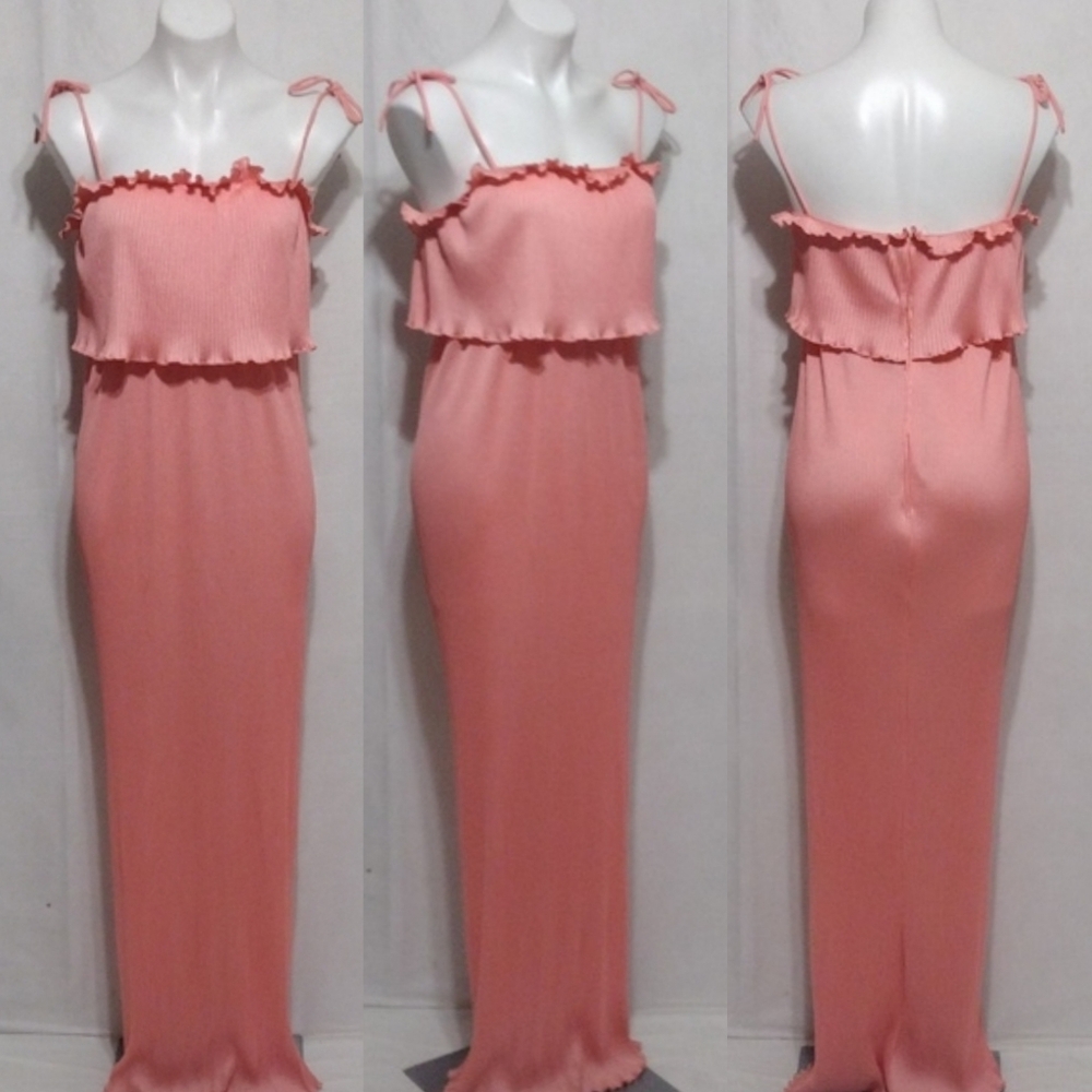 Vintage Lorrie Deb Pleated Maxi Dress Spaghetti Strap Ruffle Slip Boho US 9/10